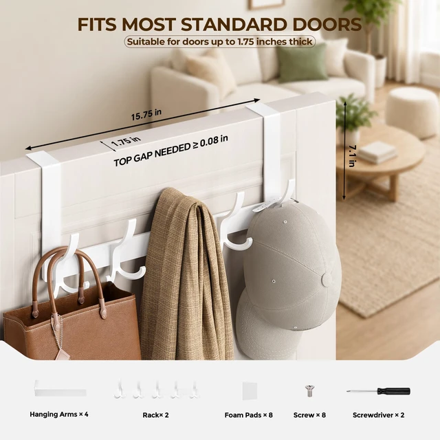 Alt view image 2 of 7 - Over The Door Hooks for Hanging, Over The Door Hanger with 5 Triple Coat Hooks, Over The Door Towel Rack for Bathroom, Door Hanger Hooks for Coat, Bags and Hat (White, 2 Pack)