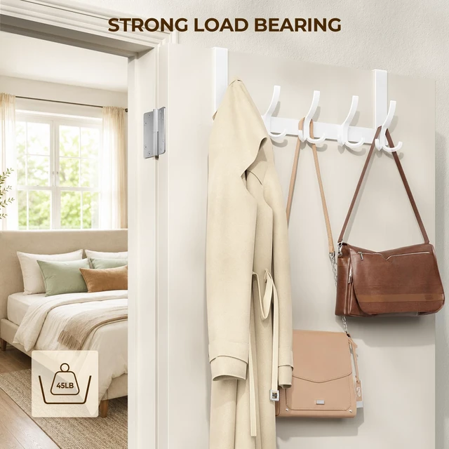 Alt view image 3 of 7 - Over The Door Hooks for Hanging, Over The Door Hanger with 5 Triple Coat Hooks, Over The Door Towel Rack for Bathroom, Door Hanger Hooks for Coat, Bags and Hat (White, 2 Pack)