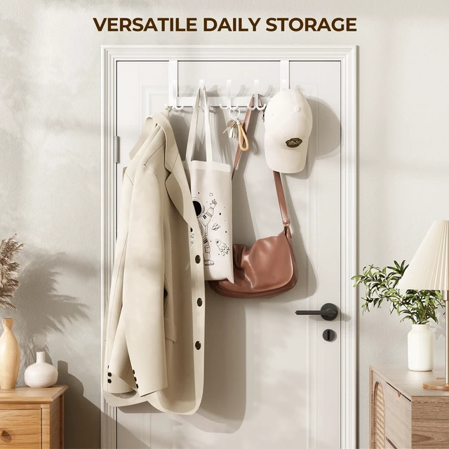 Alt view image 5 of 7 - Over The Door Hooks for Hanging, Over The Door Hanger with 5 Triple Coat Hooks, Over The Door Towel Rack for Bathroom, Door Hanger Hooks for Coat, Bags and Hat (White, 2 Pack)