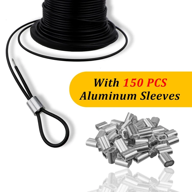 Alt view image 3 of 7 - Vinyl Coated Wire Rope 304 Stainless Steel Coated Wire Cable-Black, 1/16" OD to 3/32" x 328FT, with 150 Pcs Crimping Sleeves-Cable for String Lights, Suitable for Clotheslines