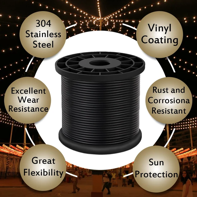 Alt view image 5 of 7 - Vinyl Coated Wire Rope 304 Stainless Steel Coated Wire Cable-Black, 1/16" OD to 3/32" x 328FT, with 150 Pcs Crimping Sleeves-Cable for String Lights, Suitable for Clotheslines