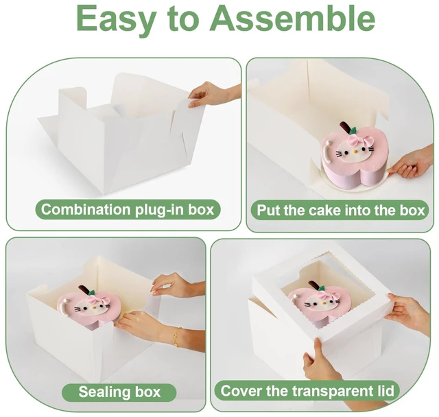 Alt view image 4 of 7 - 6 Pack Cake Boxes with Window, 12x12x8 Inches, for Wedding Birthday White Tall Cake Box, with 6 Cake Boards, Large Window Top, Disposable Cakes Transport Containers with Lids, for Cookie, Pies