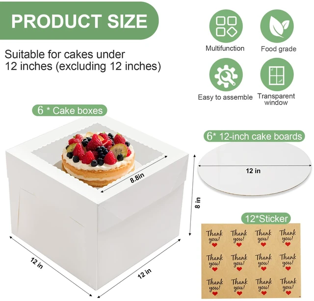 Alt view image 2 of 7 - 6 Pack Cake Boxes with Window, 12x12x8 Inches, for Wedding Birthday White Tall Cake Box, with 6 Cake Boards, Large Window Top, Disposable Cakes Transport Containers with Lids, for Cookie, Pies