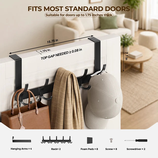 Alt view image 2 of 7 - Door Hanger Hook, Over The Door Hooks for Hanging, Over The Door Towel Racks for Bathroom, Over The Door Hanger - 5 Triple Hooks for Towel, Clothes and Hat (Black, 2 Pack), TRI-1P
