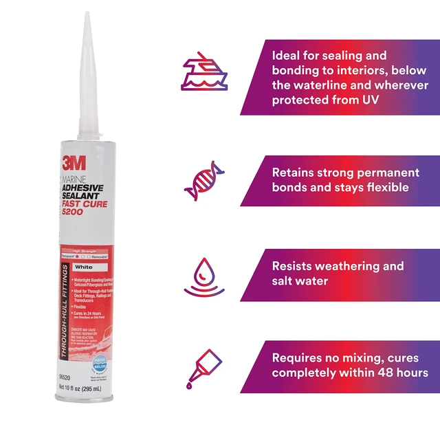 Alt view image 2 of 7 - Marine Adhesive Sealant 5200FC Fast Cure, White, 10 fl oz Cartridge Permanent Bonding and Sealing for Boats and RVs Above and Below the Waterline Waterproof Repair: Polyurethane Adhesives