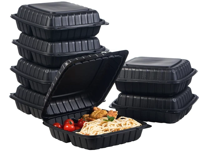 Main image of 9X9 3-Compartment 50-Pack Plastic Clamshell Takeout Food Trays Heavy Duty Togo Disposable Box For Pasta Salad Sandwich Carryout Hinged Containers With Secure Snap Lid