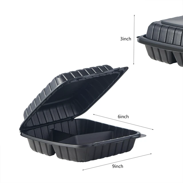 Alt view image 2 of 7 - 9X9 3-Compartment 50-Pack Plastic Clamshell Takeout Food Trays Heavy Duty Togo Disposable Box For Pasta Salad Sandwich Carryout Hinged Containers With Secure Snap Lid