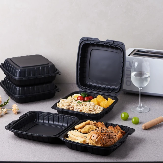 Alt view image 3 of 7 - 9X9 3-Compartment 50-Pack Plastic Clamshell Takeout Food Trays Heavy Duty Togo Disposable Box For Pasta Salad Sandwich Carryout Hinged Containers With Secure Snap Lid