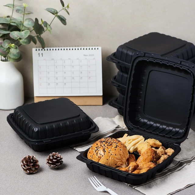 Alt view image 5 of 7 - 9X9 3-Compartment 50-Pack Plastic Clamshell Takeout Food Trays Heavy Duty Togo Disposable Box For Pasta Salad Sandwich Carryout Hinged Containers With Secure Snap Lid
