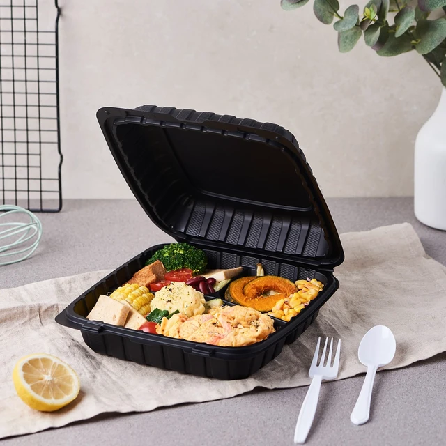 Alt view image 4 of 7 - 9X9 3-Compartment 50-Pack Plastic Clamshell Takeout Food Trays Heavy Duty Togo Disposable Box For Pasta Salad Sandwich Carryout Hinged Containers With Secure Snap Lid