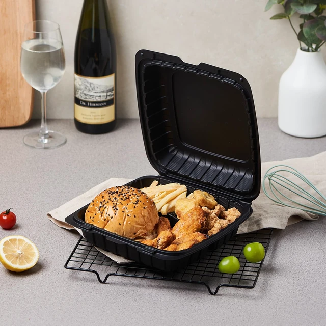 Alt view image 6 of 7 - 9X9 3-Compartment 50-Pack Plastic Clamshell Takeout Food Trays Heavy Duty Togo Disposable Box For Pasta Salad Sandwich Carryout Hinged Containers With Secure Snap Lid