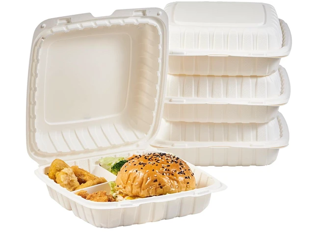 Main image of 9X9 3 Compartment 50-Pack Plastic Clamshell Take Out Food Containers, Heavy Duty Disposable To-go Box For Cake, Sandwich, Salad, Dessert