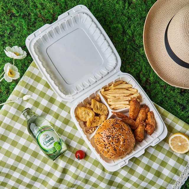 Alt view image 7 of 7 - 9X9 3 Compartment 50-Pack Plastic Clamshell Take Out Food Containers, Heavy Duty Disposable To-go Box For Cake, Sandwich, Salad, Dessert