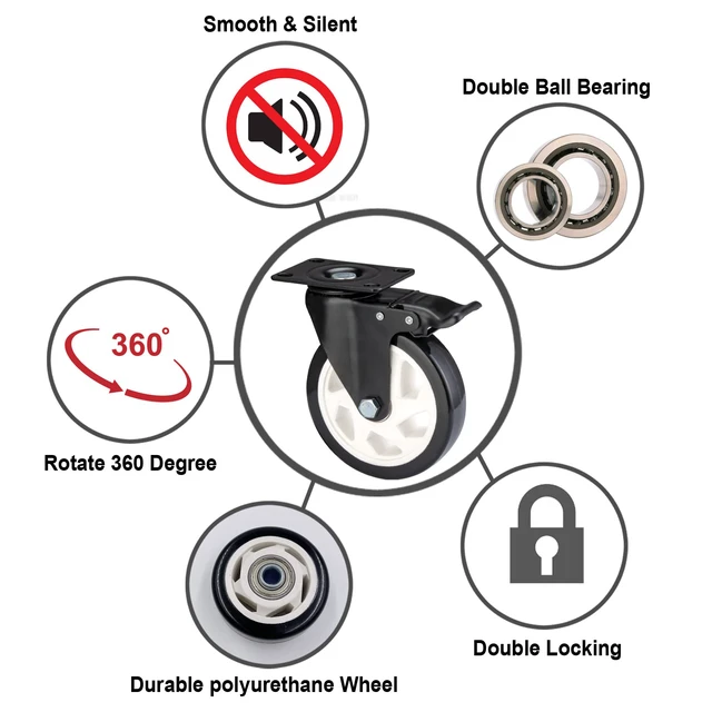 Alt view image 3 of 6 - Caster Wheels-5 Inch Swivel Casters Set of 4 Heavy Duty with Brake Locking Industrial Caster with 360 Degree No Noise Polyurethane Wheels, Locking Plate Casters for Furniture - Pack of 4