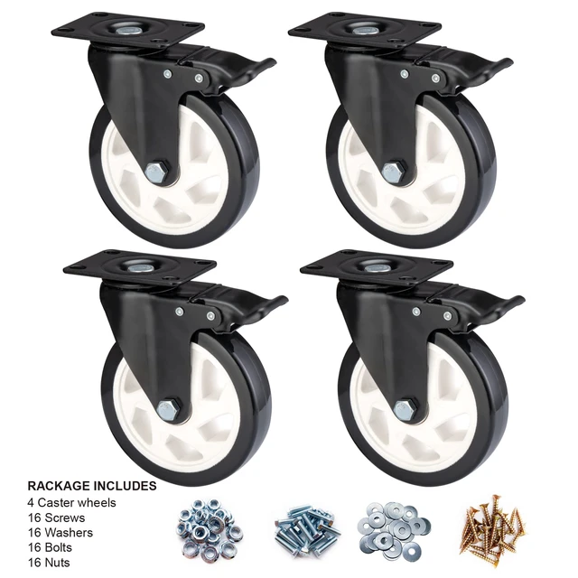 Alt view image 2 of 6 - Caster Wheels-5 Inch Swivel Casters Set of 4 Heavy Duty with Brake Locking Industrial Caster with 360 Degree No Noise Polyurethane Wheels, Locking Plate Casters for Furniture - Pack of 4