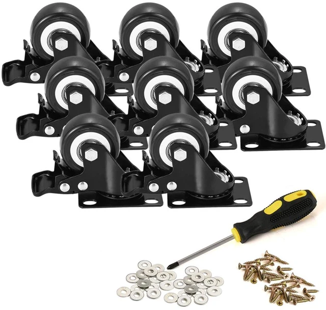 Main image of 2" Caster Wheels, Heavy Duty Casters with Brake Set of 8 Locking Casters with 360 Degree No Noise Polyurethane (PU) Wheels, Swivel Plate Castors Pack of 8