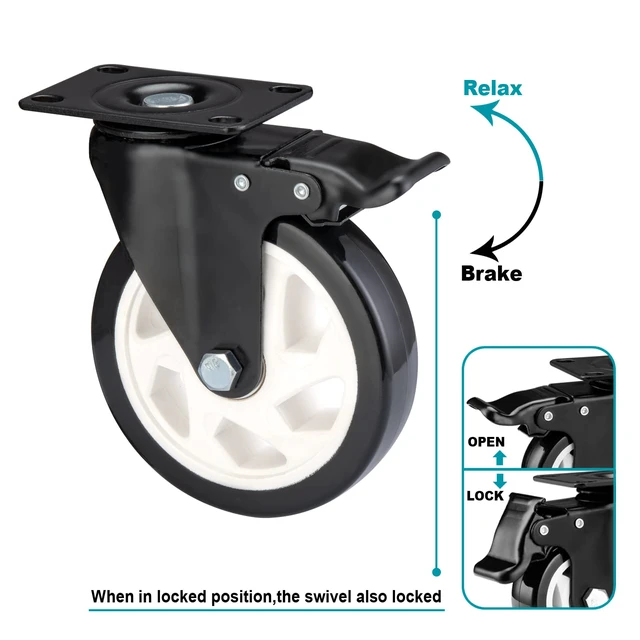 Alt view image 4 of 6 - Caster Wheels-5 Inch Swivel Casters Set of 4 Heavy Duty with Brake Locking Industrial Caster with 360 Degree No Noise Polyurethane Wheels, Locking Plate Casters for Furniture - Pack of 4