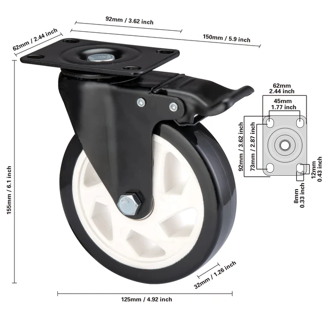 Alt view image 5 of 6 - Caster Wheels-5 Inch Swivel Casters Set of 4 Heavy Duty with Brake Locking Industrial Caster with 360 Degree No Noise Polyurethane Wheels, Locking Plate Casters for Furniture - Pack of 4