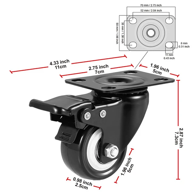 Alt view image 3 of 6 - 2" Caster Wheels, Heavy Duty Casters with Brake Set of 8 Locking Casters with 360 Degree No Noise Polyurethane (PU) Wheels, Swivel Plate Castors Pack of 8