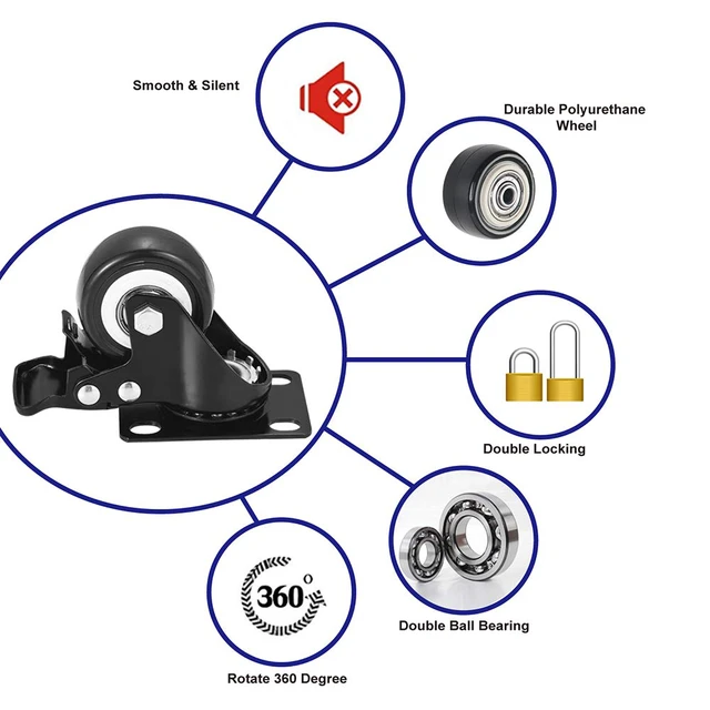 Alt view image 5 of 6 - 2" Caster Wheels, Heavy Duty Casters with Brake Set of 8 Locking Casters with 360 Degree No Noise Polyurethane (PU) Wheels, Swivel Plate Castors Pack of 8