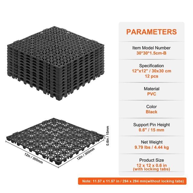 Alt view image 7 of 7 - Modular Interlocking Cushion, 12 Pack 12" x 12" Splicing Drainage Mats, Soft PVC Interlocking Drainage Floor Tiles, Non-Slip Drainage Holes for Restroom, Bathroom, Kitchen, Pool, Wet Areas, Blac