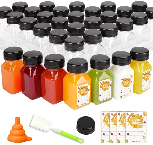 Main image of 45pcs 4oz Plastic Juice Bottles with Black Caps, Sticker Labels 4oz Plastic Containers with Lids Empty Reusable Clear Ginger Shots Bottles with Label, Funnel, and Brush for Drinkings