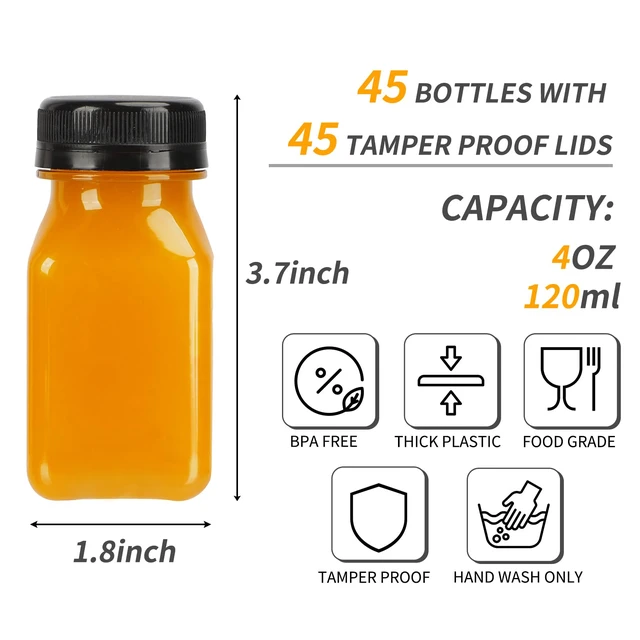 Alt view image 2 of 6 - 45pcs 4oz Plastic Juice Bottles with Black Caps, Sticker Labels 4oz Plastic Containers with Lids Empty Reusable Clear Ginger Shots Bottles with Label, Funnel, and Brush for Drinkings