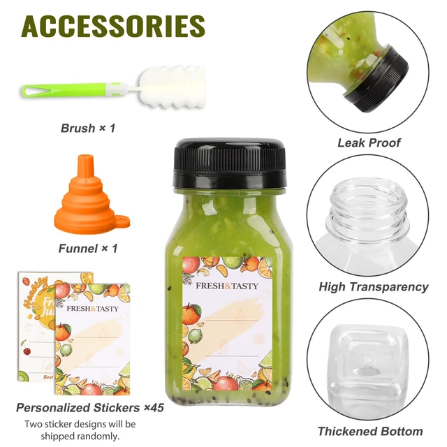 Alt view image 3 of 6 - 45pcs 4oz Plastic Juice Bottles with Black Caps, Sticker Labels 4oz Plastic Containers with Lids Empty Reusable Clear Ginger Shots Bottles with Label, Funnel, and Brush for Drinkings