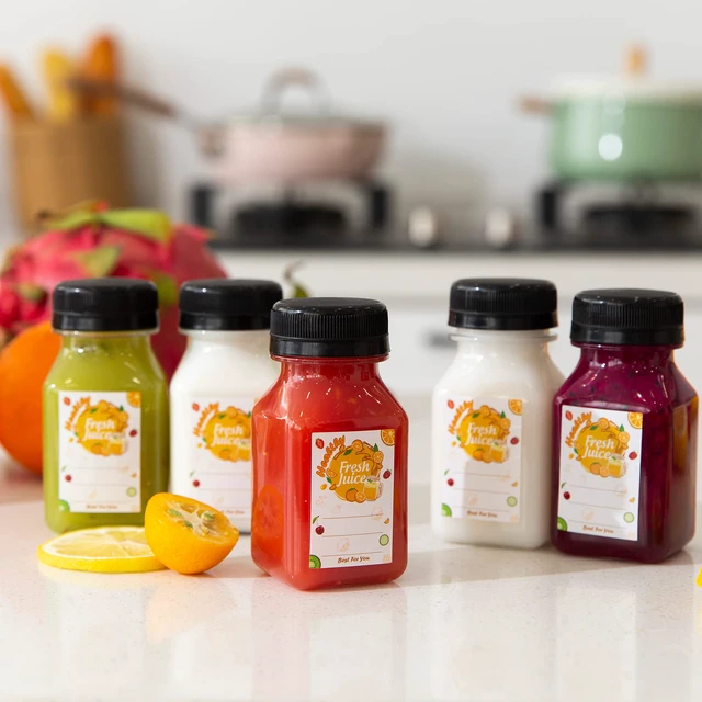 Alt view image 5 of 6 - 45pcs 4oz Plastic Juice Bottles with Black Caps, Sticker Labels 4oz Plastic Containers with Lids Empty Reusable Clear Ginger Shots Bottles with Label, Funnel, and Brush for Drinkings