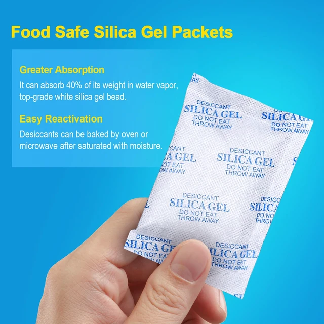 Alt view image 2 of 7 - Silica Gel Packets, 50 Gram 50 Packs Food Safe Moisture Absorbers, Desiccant Packs for Storage, Reusable Desiccant for Foods, Storage Bins, 3D Filaments, Electronics, Safes