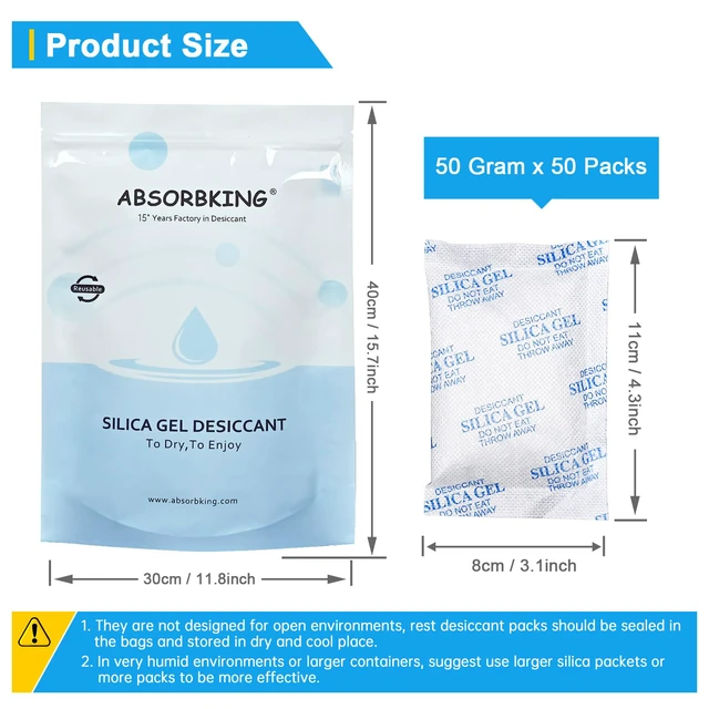 Alt view image 3 of 7 - Silica Gel Packets, 50 Gram 50 Packs Food Safe Moisture Absorbers, Desiccant Packs for Storage, Reusable Desiccant for Foods, Storage Bins, 3D Filaments, Electronics, Safes