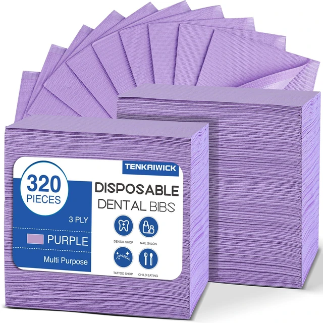 Main image of 320 Pack Disposable Dental Bibs 13"x18", 3-Ply Waterproof Tattoo Bibs Sheet for Nail Salon, Dental Clinic, Feeding, Tattoo Shop (Purple)