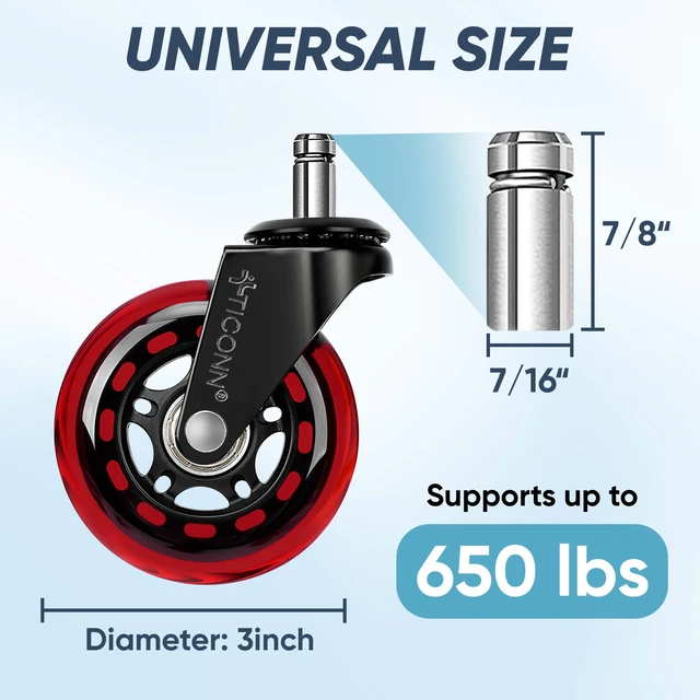 Alt view image 3 of 7 - Office Chair Wheels, 3" Caster Wheels for Tile Carpets, Set of 5 650 lbs Weight Capacity, Smooth & Quiet Rolling, Scratch-Free Floor Protection, Universal Fit, Easy Snap-In Installation