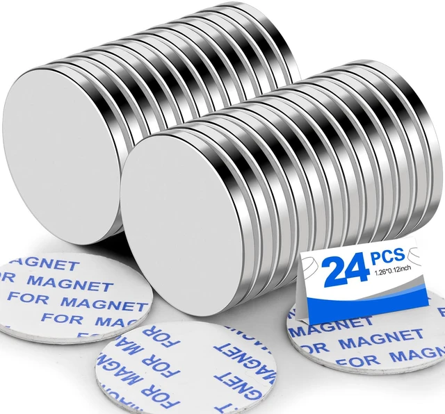 Main image of 24 Packs Super Strong Neodymium Disc Magnets 30x3mm with Double-Sided Adhesive Permanent Rare Earth Magnets, 1.26 inch D x 1/8 inch H