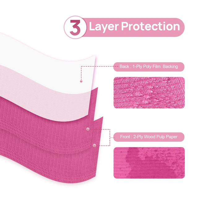Alt view image 2 of 7 - Dental Bibs, Disposable Dental Bibs Fuchsia, 125 Pack Dental Bib 2-Ply Paper 1-Ply Film, Waterproof, Soft & Comfortable, 13" x 18" Wide Coverage Medical Tray Covers Bibs