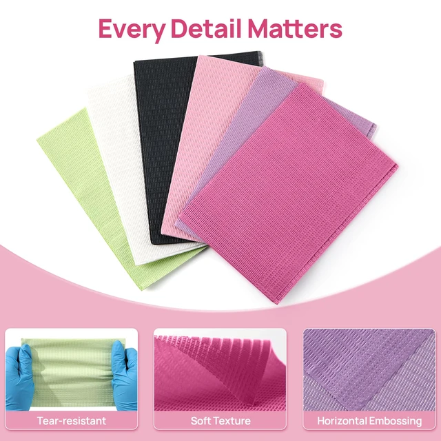 Alt view image 3 of 7 - Dental Bibs, Disposable Dental Bibs Fuchsia, 125 Pack Dental Bib 2-Ply Paper 1-Ply Film, Waterproof, Soft & Comfortable, 13" x 18" Wide Coverage Medical Tray Covers Bibs