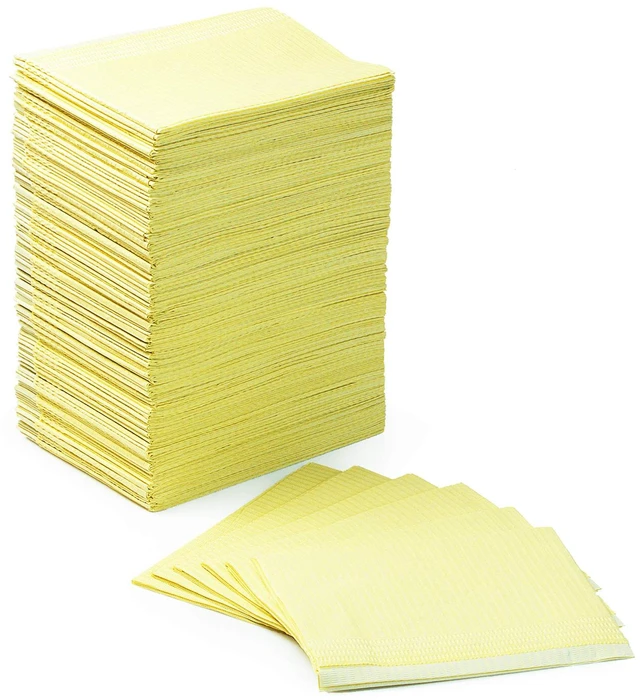 Main image of Dental Bibs 125pack, Disposable Tattoo Bibs 3-Ply, 13" x 18", Yellow 2-Ply Paper 1-Ply Film, for Medical Tray Covers
