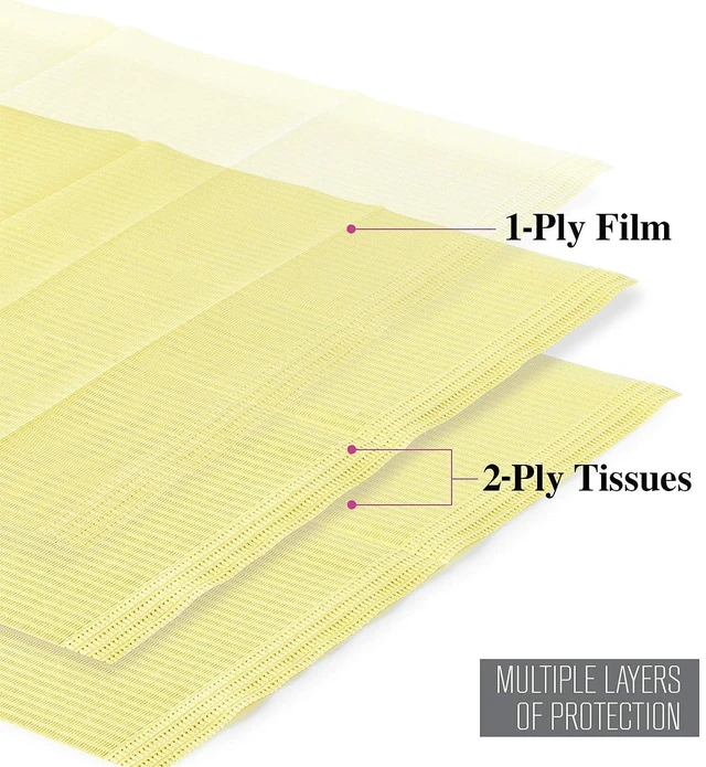 Alt view image 2 of 7 - Dental Bibs 125pack, Disposable Tattoo Bibs 3-Ply, 13" x 18", Yellow 2-Ply Paper 1-Ply Film, for Medical Tray Covers