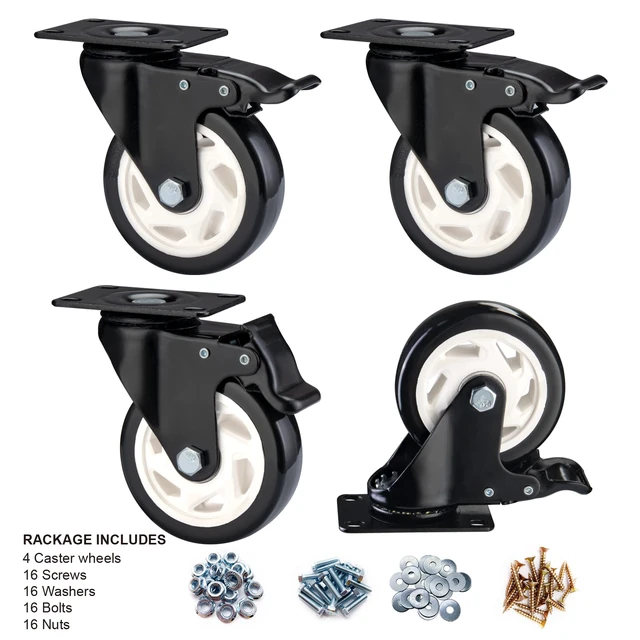 Alt view image 2 of 6 - Caster Wheels-4 Inch Swivel Casters Set of 4 Heavy Duty with Brake Locking Industrial Caster with 360 Degree No Noise Polyurethane Wheels, Locking Plate Casters for Furniture - Pack of 4