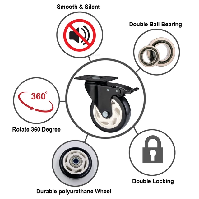 Alt view image 3 of 6 - Caster Wheels-4 Inch Swivel Casters Set of 4 Heavy Duty with Brake Locking Industrial Caster with 360 Degree No Noise Polyurethane Wheels, Locking Plate Casters for Furniture - Pack of 4