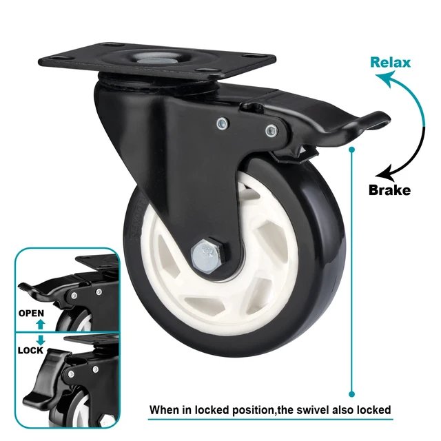 Alt view image 4 of 6 - Caster Wheels-4 Inch Swivel Casters Set of 4 Heavy Duty with Brake Locking Industrial Caster with 360 Degree No Noise Polyurethane Wheels, Locking Plate Casters for Furniture - Pack of 4