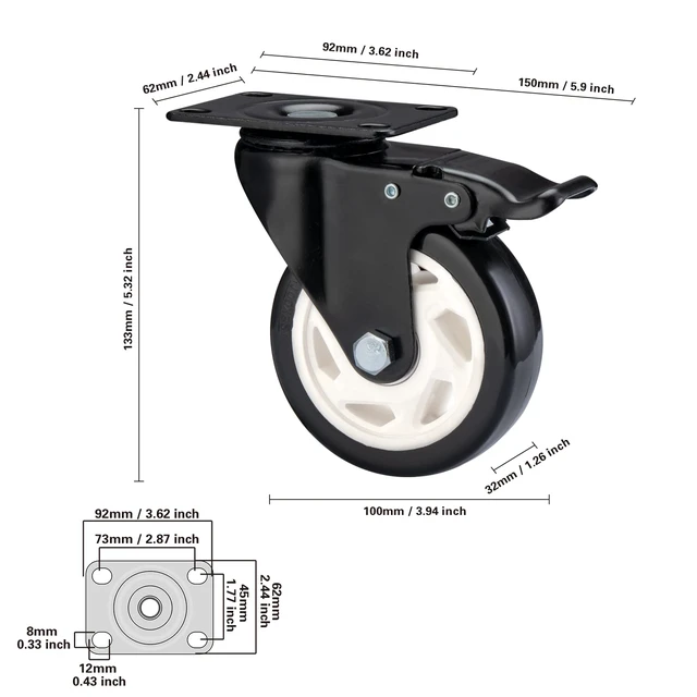 Alt view image 5 of 6 - Caster Wheels-4 Inch Swivel Casters Set of 4 Heavy Duty with Brake Locking Industrial Caster with 360 Degree No Noise Polyurethane Wheels, Locking Plate Casters for Furniture - Pack of 4