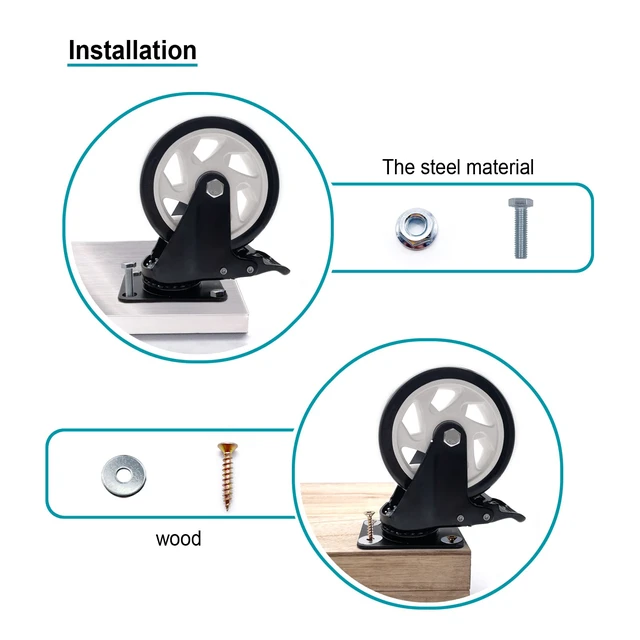 Alt view image 6 of 6 - Caster Wheels-4 Inch Swivel Casters Set of 4 Heavy Duty with Brake Locking Industrial Caster with 360 Degree No Noise Polyurethane Wheels, Locking Plate Casters for Furniture - Pack of 4