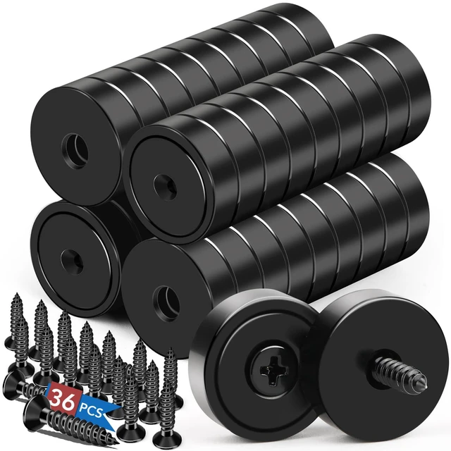 Main image of Strong Magnets Heavy Duty Screw On Neodymium 20LBS Magnet 36 Pack Rare Earth With Screw Hole Door Catch Adhesive Magnetic Locker Cabinet Round Wall Cruise Cabins Disc Mounting Fridge Black