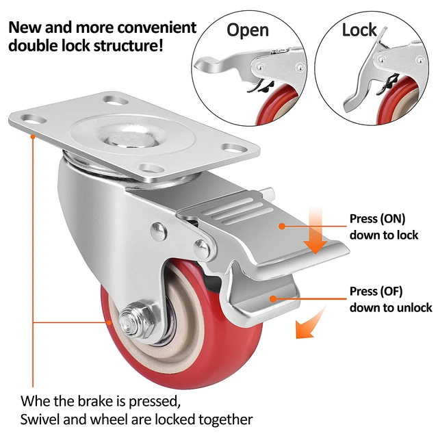 Alt view image 2 of 7 - 3 Inch Industrial Heavy Duty Swivel Caster Wheels with Brake,Set of 4 Safety Locking Casters,Load 1600lbs,Premium Polyurethane Wheels for Table,Trailer,Saw Table,Stage Toolbox,Bed,Corn Board
