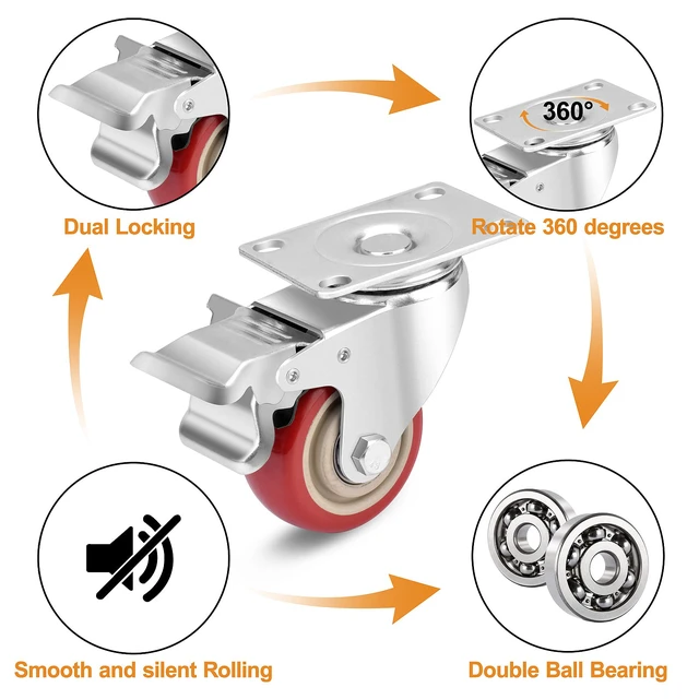 Alt view image 3 of 7 - 3 Inch Industrial Heavy Duty Swivel Caster Wheels with Brake,Set of 4 Safety Locking Casters,Load 1600lbs,Premium Polyurethane Wheels for Table,Trailer,Saw Table,Stage Toolbox,Bed,Corn Board