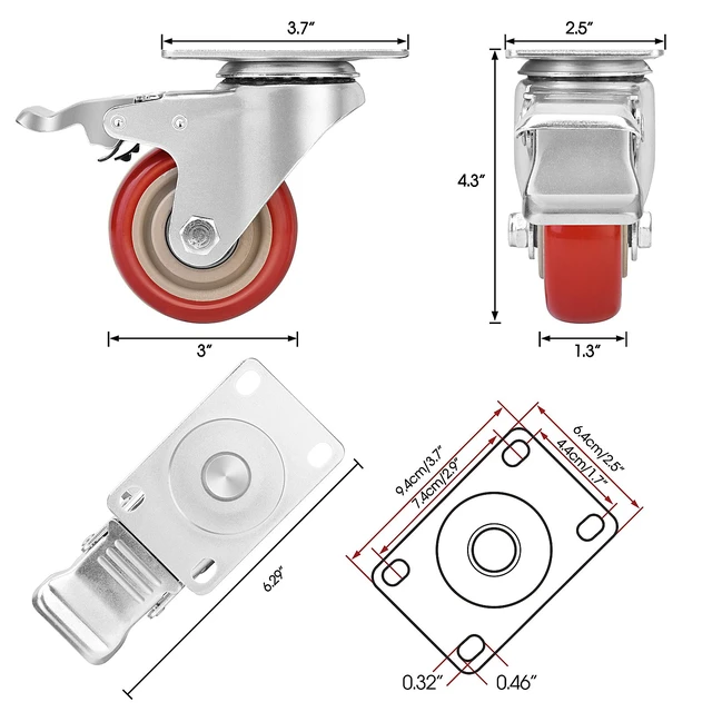 Alt view image 4 of 7 - 3 Inch Industrial Heavy Duty Swivel Caster Wheels with Brake,Set of 4 Safety Locking Casters,Load 1600lbs,Premium Polyurethane Wheels for Table,Trailer,Saw Table,Stage Toolbox,Bed,Corn Board