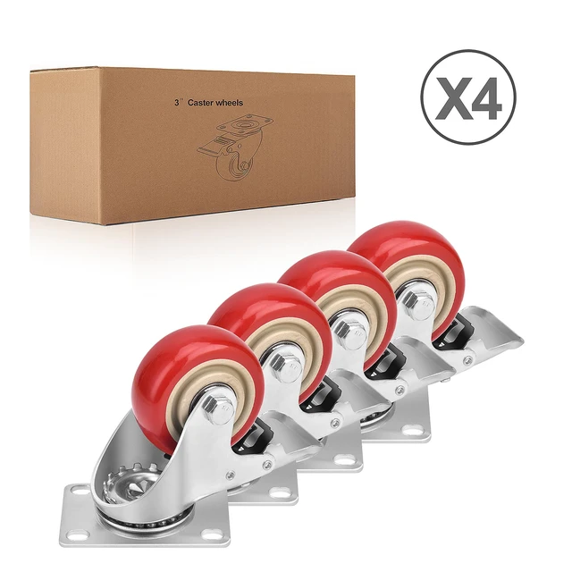 Alt view image 5 of 7 - 3 Inch Industrial Heavy Duty Swivel Caster Wheels with Brake,Set of 4 Safety Locking Casters,Load 1600lbs,Premium Polyurethane Wheels for Table,Trailer,Saw Table,Stage Toolbox,Bed,Corn Board