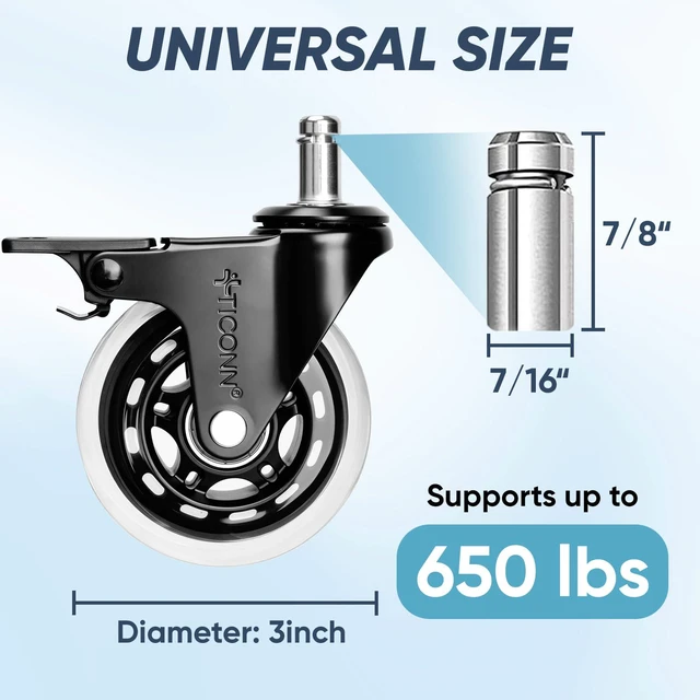 Alt view image 4 of 7 - Office Chair Wheels, 3" Caster Wheels for Tile Carpets, Set of 5 650 lbs Weight Capacity, Smooth & Quiet Rolling, Scratch-Free Floor Protection, Universal Fit, Easy Snap-In Installation