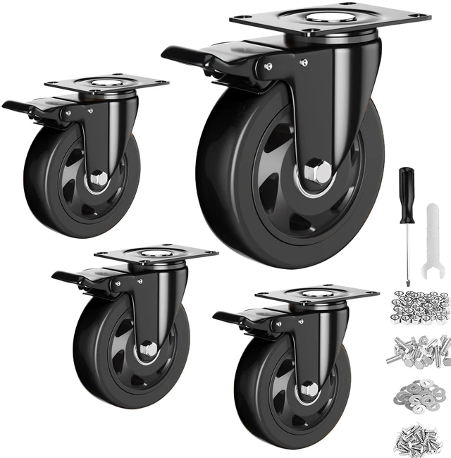 Main image of 3 Inch Caster Wheels Heavy Duty with Brake, Casters Set of 4 Polyurethane, Dual Lock Industrial Swivel Plate Mount for Furniture/ Workbench/Cart, Hardware Kits for Installation